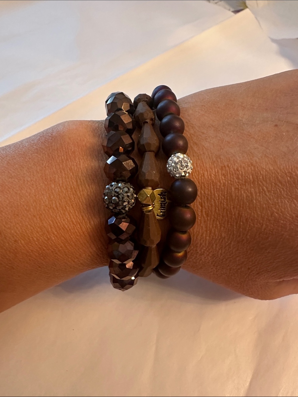 Erimish Brown Beaded Bracelet Trio with Crystal Accent Beads